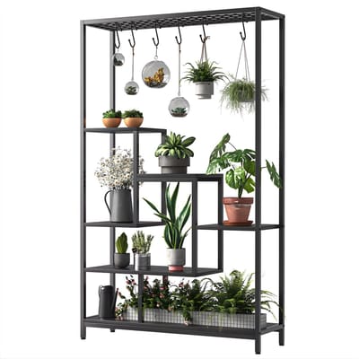Plantenstandaard - Voor binnen - 5-laags, metalen plank, 6 opknophaken, multifunctioneel voor bloemen, bonsai en potten - Metaal - Zwart