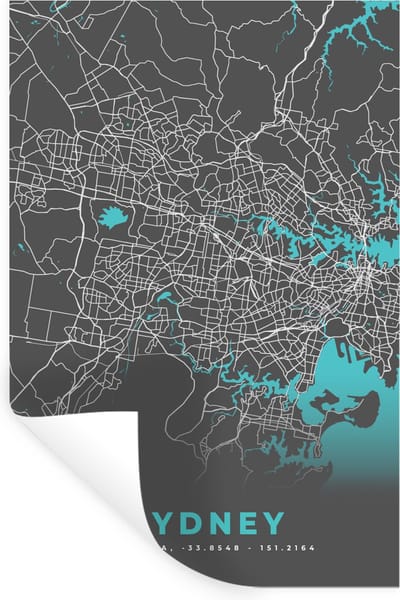Muurstickers - Sticker Folie - Sydney - Stadskaart - Plattegrond - Blauw - Kaart - 20x30 cm - Plakfolie - Muurstickers Kinderkamer - Zelfklevend Behang - Zelfklevend behangpapier - Stickerfolie
