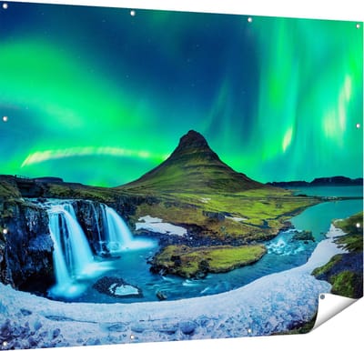 Gards Tuinposter Noorderlicht bij de Watervallen in IJsland - 150x120 cm - Tuindoek - Tuindecoratie - Wanddecoratie buiten - Tuinschilderij