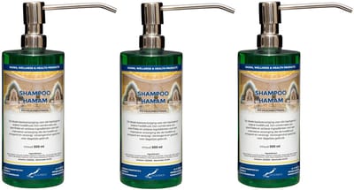 Shampoo Hamam 500 ml met 3 luxe RVS zilverkleurige pompen - set van 3 stuks - voordeelverpakking - haarverzorging