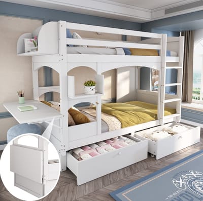 DESMIU Kinderstapelbed 90x200cm – Multifunctioneel Jeugdbed Met Inklapbaar Bureau En Rekken – Met 2 Laden En Trap – Voor Slaapkamer En Studie – Massief Hout – Wit – Zonder Matras