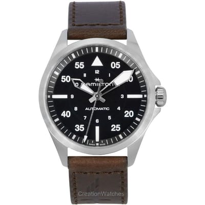 Hamilton Khaki Aviation Pilot Herenhorloge met leren band, zwarte wijzerplaat, automatisch uurwerk H76305530, waterdicht tot 100 meter. zwart