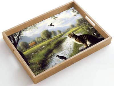 Dienblad hout 50x35 cm - Schootdienblad - Kat - Beekje - Weide - Borrelplank rechthoek - Plateau dienbladen