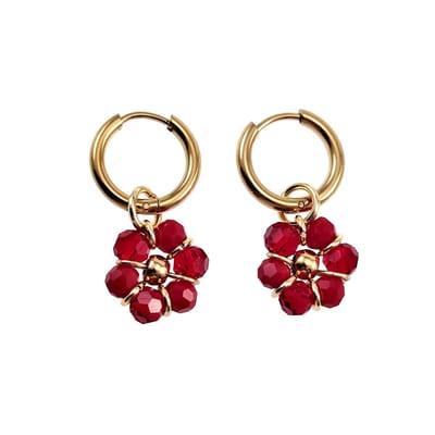 ∅14mm x 2mm Oorringen Dames - Verguld RVS - Bordeauxrood Gefacetteerde Kristallen Bloem Hanger - Bungelende Oorbellen