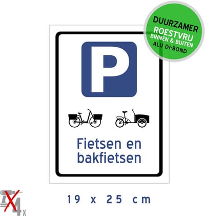 Pictogram/ bord Dibond | Parkeerplaats - "Fietsen en bakfietsen" | 19 x 25 cm | Fietsen | Parking | Fietsenstalling | Vrachtfiets | Stalling | Fiets | Velo | Duurzaam | Roestvrij | 1 stuk