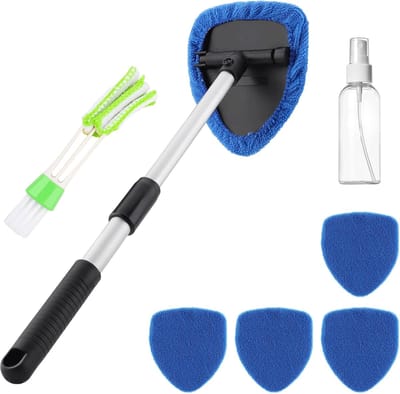 Autoreinigingsset - Inclusief 4 wasbare reinigingspads - Geschikt voor het reinigen van de binnenkant van voorruiten, ruitenreiniger met telescopische stang en 180° draaibare handgreep - Multifunctioneel reinigingsgereedschap (blauw)