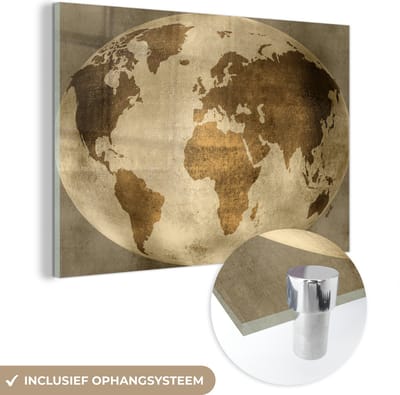 MuchoWow® Glasschilderij 60x40 cm - Schilderij acrylglas - Wereldkaart - Wereldbol - Vintage - Foto op glas - Schilderijen