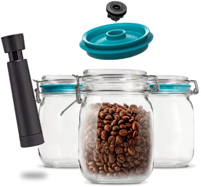 Airtender Vacuüm (1000 ML) Weckpotten | Voordeelset van 3 stuks | 3x Weckpot | 3x Vacuümdeksel | 1x Vacuümpomp | Met vacuüm tot 5x langer vers! | O.a. voor koffie, koekjes, groente, fruit ... | Meal-preppen of Sneller inmaken | Made in Holland