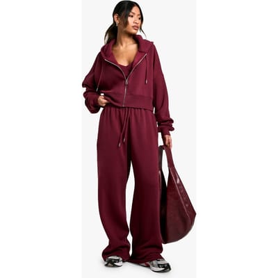boohoo Dames Geribde V-Hals Top 3-delig Trainingspak met Capuchon | Bordeaux Rood | Maat: Small