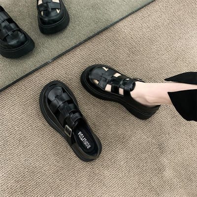 College Wind Kleine Leren Schoenen Dames Hol Ademend Zomer Dikke Zool Frans Niche Enkelschoenen Romeinse Sandalen Ins Feeënwind 35 zwart
