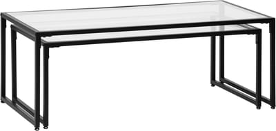 MODFU 2-delige glazen salontafelset, stapelbaar, zwart stalen frame, gehard glas, 10 kg draaglast