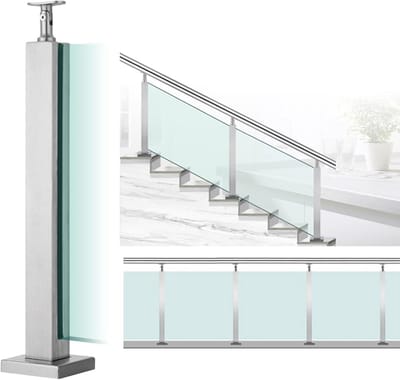 Glazen Balustrade Post - RVS Leuninghouder - Buitenhek Plaatsen - Zonder Glas Boren - 10-12mm Glas - Ondiep Grijs