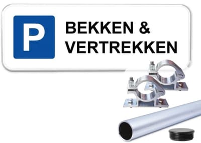 Parkeerbord Bekken en Vertrekken - Weerbestendig Aluminium - 40x15 cm - Bevestiging: Met paal 120 cm + paalbeugels + paaldop