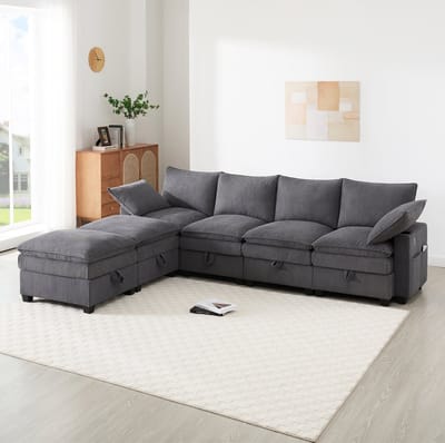 MIVRAY Hoekbank 280 x 152 cm - Modulaire 6-Zits Bank Met USB, Opbergruimte En Bekerhouders - Voor Woonkamer - Corduroy - Grijs