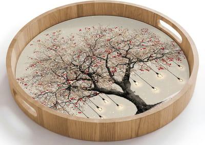 Dienblad rond 40x40 cm - Schootdienblad hout - Lichtboom - Winter - Kerst - Meerkleurig - Borrelplank rechthoek - Plateau houten dienbladen