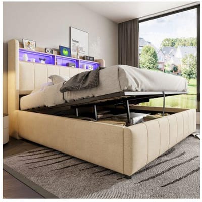 Lit rembourré - MUVOE - 160x200 cm - Tissu lin beige - LED changeantes - Rangement hydraulique & USB beige