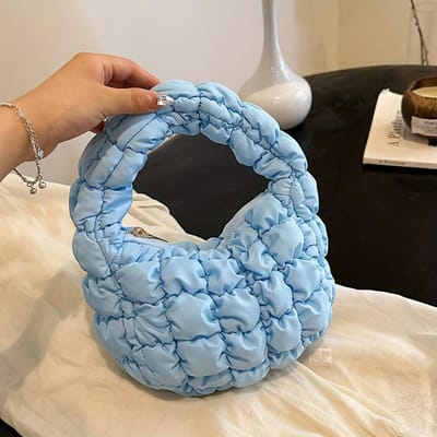 Gevulde Wolk Portemonnee Dames Handtas, Zachte Pluizige Casual Schoudertas, Lichtgewicht Dons Gestikte Tote voor Dames, Ritssluiting, Tote Bag hemelsblauwe kleur