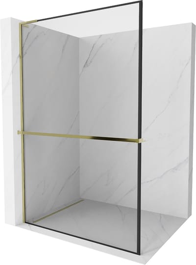 Mexen Kioto+ L douchewand met plank Walk-in 50 x 200 , zwart frame, goud - 800-050-123-50-70