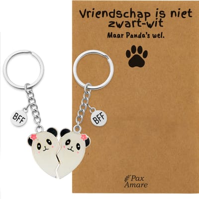 BFF Sleutelhanger voor 2 'Vriendschap is niet zwart/wit' - Magnetisch Hartje Panda's - Sleutelhanger set op Cadeau Kaartje - Zilverkleurig - Vriendschap Symbool - Pax Amare
