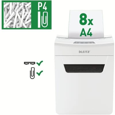 Leitz IQ 8X Protect Premium papiervernietiger P4, deeltjes 4 x 40 mm, 14 l, snijcapaciteit van 8 vellen, anti-papierstoringstechnologie, wit