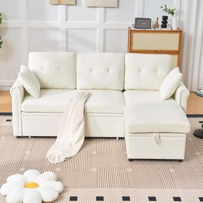 Hoekbank met slaapfunctie 206 x 130 cm - 3-zits Slaapbank met Opberglade, Omkeerbare Chaise Longue, Fluwelen L-vorm Bank, Logeerbed 180 x 124 cm - Beige - Vermissen