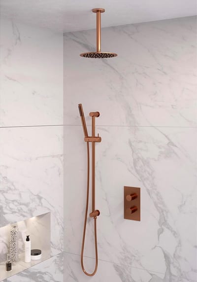 Brauer Copper Edition thermostatische inbouw regendouche 3-weg omstelling SET 41 met 20 cm douchekop en plafondarm en staaf handdouche en doucheslang en geïntegreerde glijstang koper geborsteld PVD
