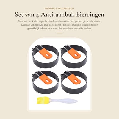 Dailygoods- Eierringen 4 Stuks - Roestvrij Staal/Siliconen - Antiaanbak Eivorm - Compact/Opslagvriendelijk - Inclusief Borstel - Voorgebakken Eieren/Hamburgers - Eiervormpjes