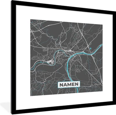 Fotolijst incl. Poster - Kaart – Plattegrond – Stadskaart – Namen – België - Grijs - 40x40 cm - Posterlijst