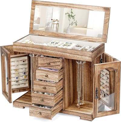 Grote sieradenbox voor vrouwen, 6 lagen, rustiek hout met spiegel, sieradenorganizer voor kettingen, oorbellen en ringen