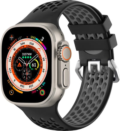 Strap-it Sportbandje met gesp - Geschikt voor Apple Watch bandje -Series 1/2/3/4/5/6/7/8/9/10/11/SE/SE2/SE3/Ultra (2/3) - Zwart/Grijs - Siliconen bandje voor sport - Loop iWatch bandje maat: 44mm / 45mm / 46mm / 49mm