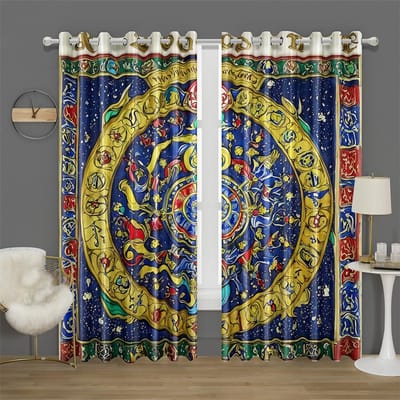Mystieke Zodiac Gordijnen 2 Panelen 3D Print Zonwerend Goud Blauw Magisch Patroon Slaapkamer Woonkamer Decor Sterrenhemel Astrologie Kunst 50W60H(CM)X2PCS&Rod Pocket blue