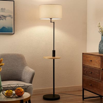 Lindby - vloerlamp - 1licht - Ijzer, textiel, hout - H: 160 cm - E27 - matzwart, beige, licht hout