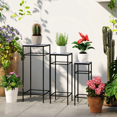MODFU - Plantenstandaard Set Van 3 - Stapelbaar - Metalen Frame - Mozaïekblad - Blauw En Wit