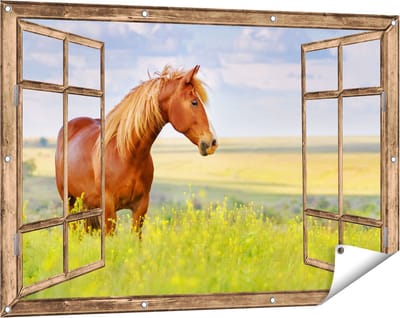 Gards Tuinposter Doorkijk Bruin Paard in de Wei - 120x80 cm - Tuindoek - Tuindecoratie - Wanddecoratie buiten - Tuinschilderij