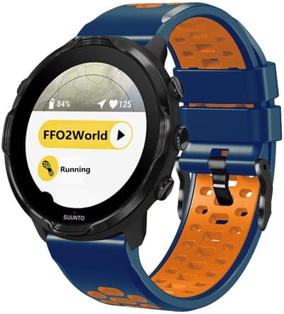 Stravo 24mm Tweekleurig Siliconen Bandje Geschikt voor Suunto 7 / Suunto 9 / Suunto 9 Peak Pro / Suunto Spartan Sport Wrist HR / Suunto D5 - Siliconen horlogeband met 3 ventilatieopeningen - Universeel 24 mm aansluiting - Blauw/oranje