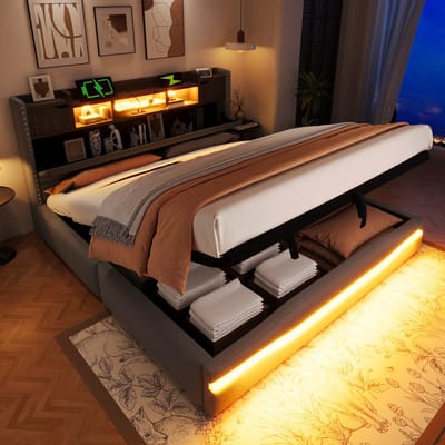 OKWISH Gestoffeerd Bed 180x200 cm - Usb C En Stopcontact - Hydraulisch Opbergbed - Led - Zonder Matras - Grijs