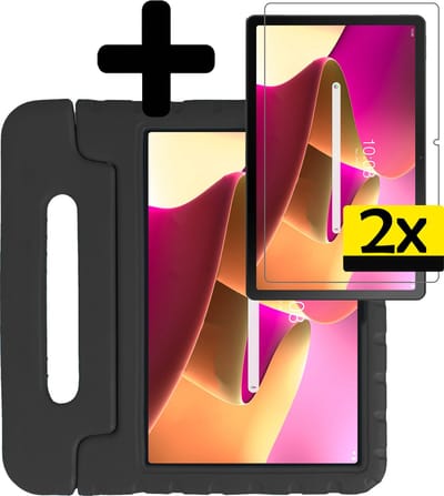 Hoes - Geschikt voor Lenovo Tab M10 Plus (3e / 3rd Generatie) - Met 2x Screenprotector - Kinderhoes Shockproof Bumper - Kidsproof Case - Tablet Hoesje - Kinder Cover - Zwart
