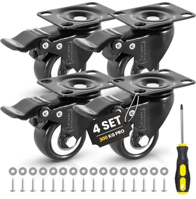 Zwarte Zwenkwielen 50mm met Rem - Set van 4 Meubelwielen voor Zware Meubels tot 300 kg