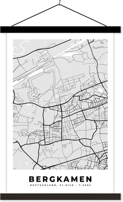 Posterhanger incl. Poster 40x60 cm - Schoolplaat - Bergkamen- Stadskaart - Plattegrond - Duitsland - Kaart - Textielposter - Zwarte latten - Stadskaart