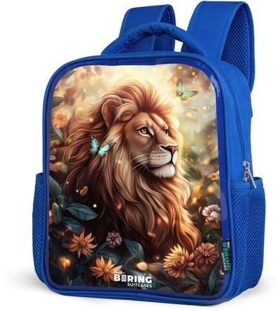 NoBoringSuitcases.com® - Rugzak blauw - Schooltas jongens - Leeuw met vlinders in bloemrijke jungle - Kinder rugtas jongen - Boekentas kind - Kinderrugzak voor school - Schoolrugzak