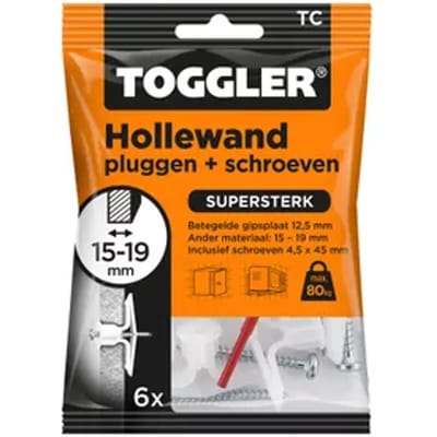 Toggler Plug Voor Holle Wand Tc Kunststof - Diam. 8x45mm - 6 Stuks