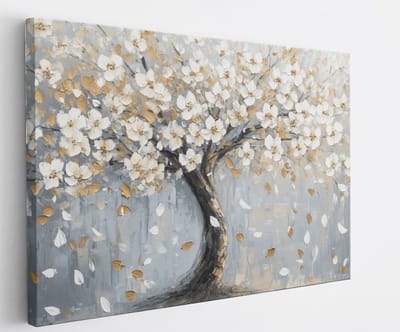 Saammp Canvas Schilderij - Boom met witte bloemen - Abstract - 45x30 - Foto op canvas - Wanddecoratie - Muurdecoratie Woonkamer - Slaapkamer decoratie - Canvas Print