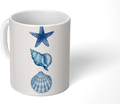 Mok - Koffiemok - Zeester - Schelpen - Blauw - Mokken - 350 ML - Beker - Koffiemokken - Theemok