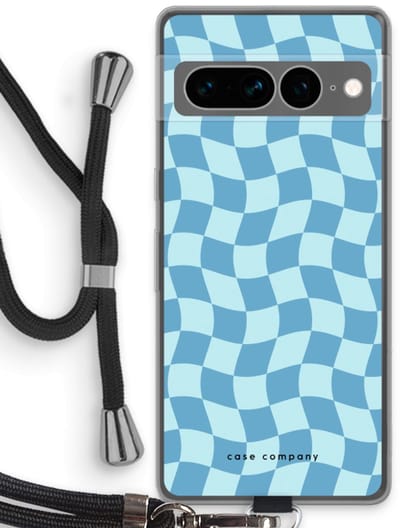 Case Company® - Hoesje met koord geschikt voor Google Pixel 7 Pro hoesje met Koord - Grid Blauw - Telefoonhoesje met Zwart Koord - Bescherming aan alle Kanten en Over de Schermrand