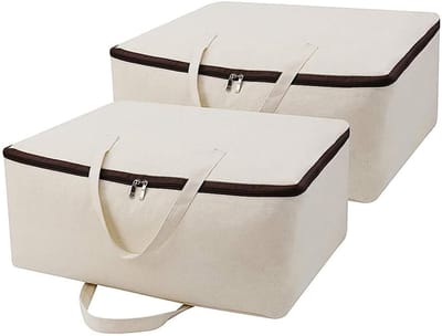 Famanu - Ademende 100% katoenen canvas zachte opbergtas met handgrepen, goed voor beddengoed, dekbedden, dekbed, deken, kussens, kleding, truien organisatie, beige, 2 stuks