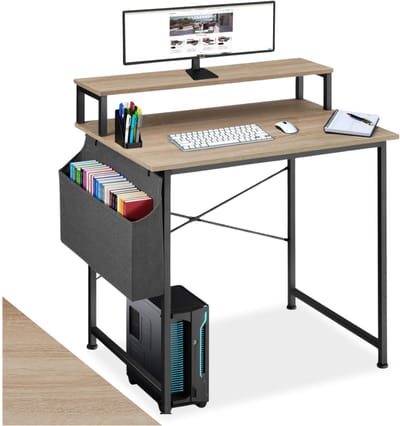 tectake® Bureau met opbergtas en monitorstandaard - Computerbureau - Houten bureaublad - Industrieel design - Zwart metalen frame - Afmetingen (LxBxH) 80 x 55x 90 cm - Lichtbruin