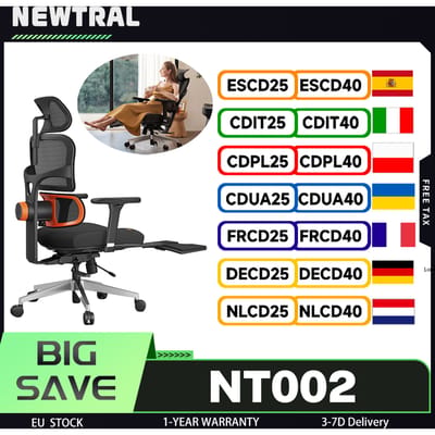NEWTRAL NT002 Ergonomische stoel met voetsteun, adaptieve onderste rugsteun, automatisch inbouwen van de rugleuning, gecertificeerde kwaliteit