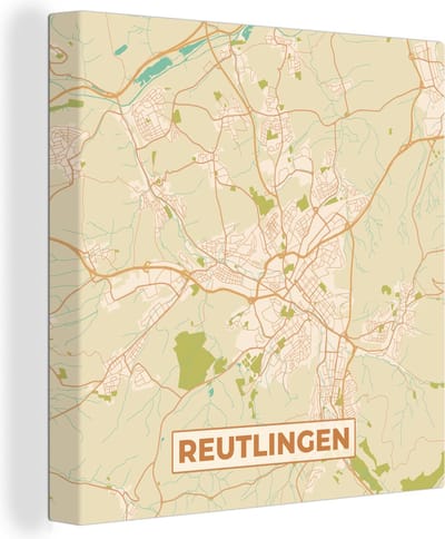 Canvas Schilderij Plattegrond - Reutlingen - Vintage - Stadskaart - Kaart - 20x20 cm - Wanddecoratie