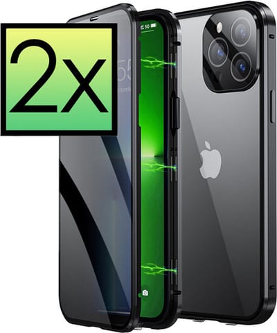 Hoes Geschikt voor iPhone 12 Hoesje Magnetische Hoes Back Cover Metalen Case Hoes Stevig Telefoonhoesje - Zwart - 2 PACK
