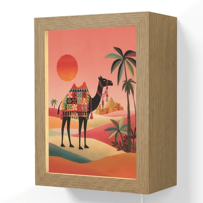 Wandlamp 15x20 cm - Oplaadbaar - Kameel - Gekleurd tapijt - Duinen - Rode zon - Wandlampen binnen woonkamer - Slaapkamer lamp met kabel - Decoratieve nachtlamp - Vloerlamp snoer